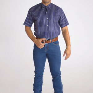 Camisa Masculina Country Manga Curta Xadrez Azul Escuro