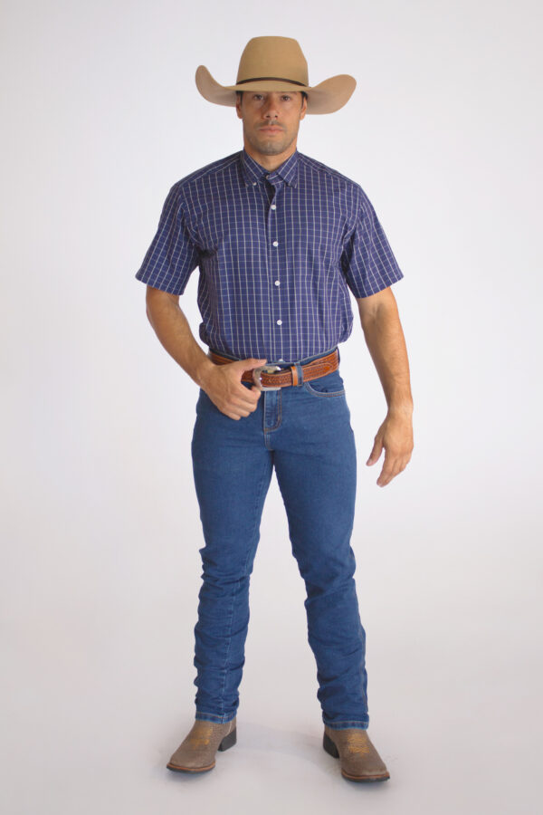 Camisa Masculina Country Manga Curta Xadrez Azul Escuro