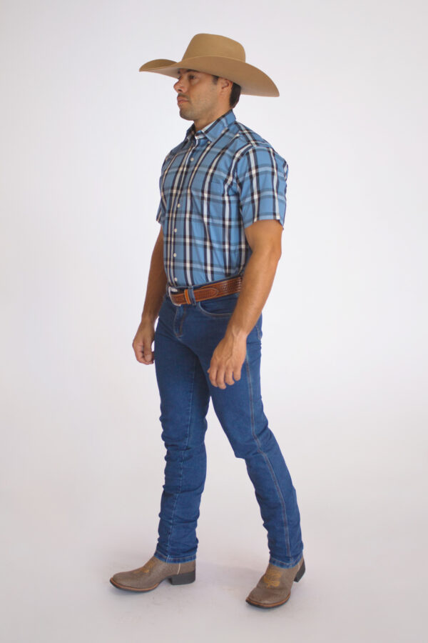 Camisa Masculina Country Manga Curta Xadrez Azul clara com faixas brancas e pretas - Image 4