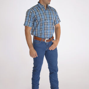 Camisa Masculina Country Manga Curta Xadrez Azul clara com faixas brancas e pretas