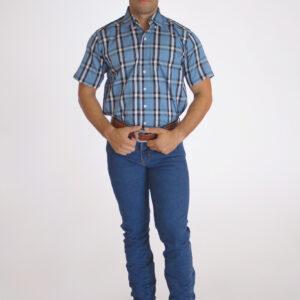 Camisa Masculina Country Manga Curta Xadrez Azul clara com faixas brancas e pretas