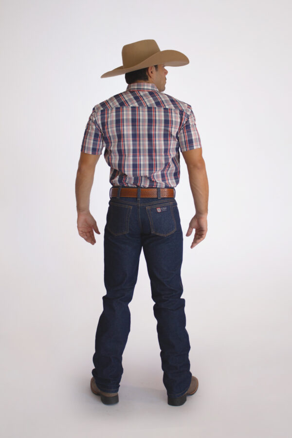 Camisa Masculina Country Manga Curta Xadrez azul com faixas brancas e vermelhas - Image 3