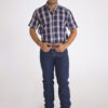 Camisa Masculina Country Manga Curta xadrez azul com faixas brancas