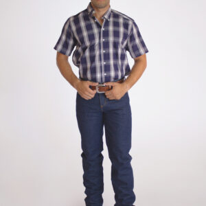 Camisa Masculina Country Manga Curta xadrez azul com faixas brancas