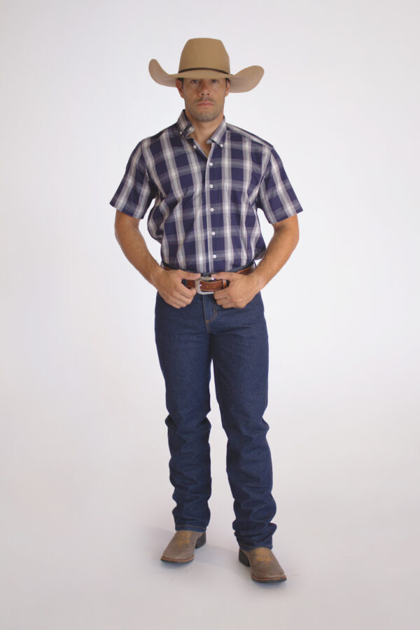 Camisa Masculina Country Manga Curta xadrez azul com faixas brancas