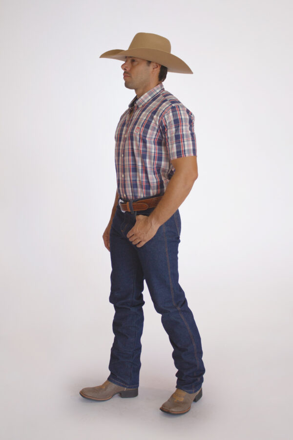 Camisa Masculina Country Manga Curta Xadrez azul com faixas brancas e vermelhas - Image 4