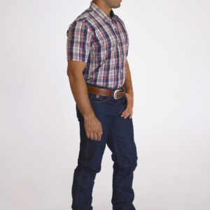 Camisa Masculina Country Manga Curta Xadrez azul com faixas brancas e vermelhas
