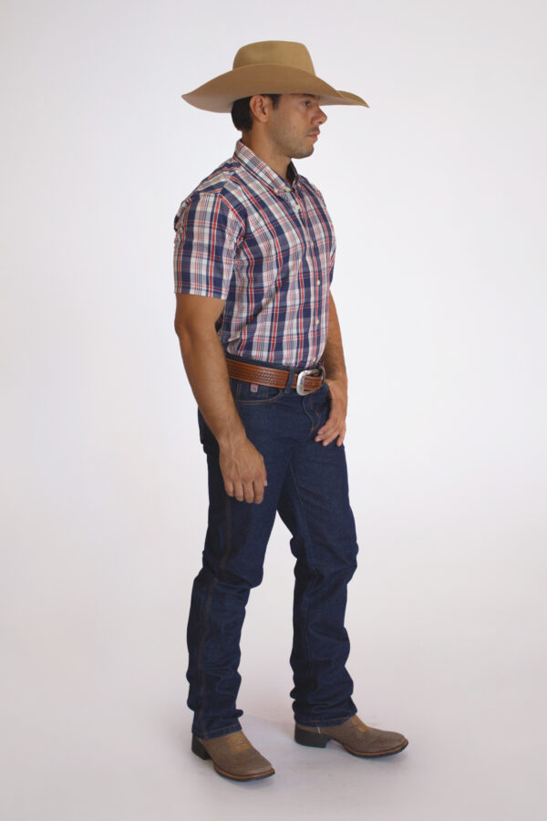 Camisa Masculina Country Manga Curta Xadrez azul com faixas brancas e vermelhas - Image 2