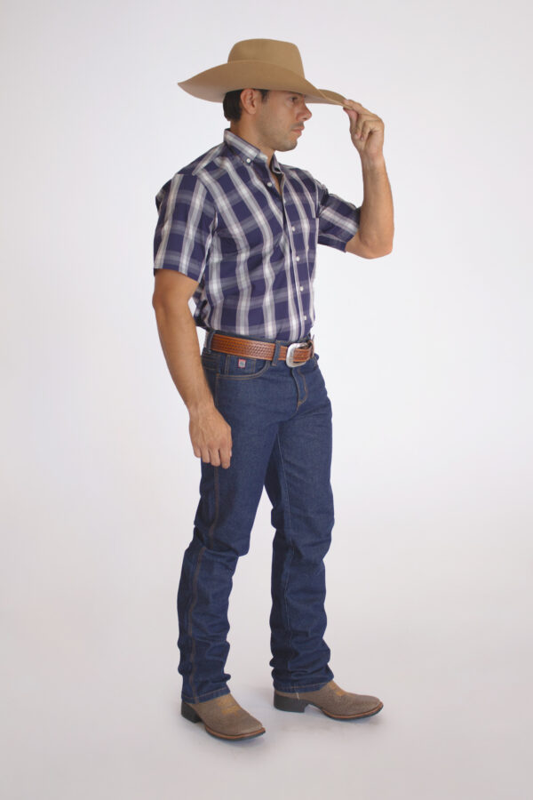 Camisa Masculina Country Manga Curta xadrez azul com faixas brancas - Image 4