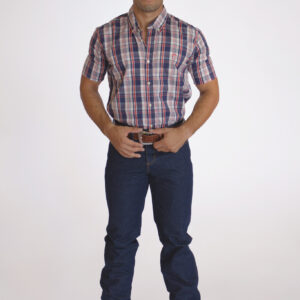 Camisa Masculina Country Manga Curta Xadrez azul com faixas brancas e vermelhas