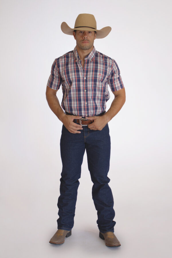 Camisa Masculina Country Manga Curta Xadrez azul com faixas brancas e vermelhas