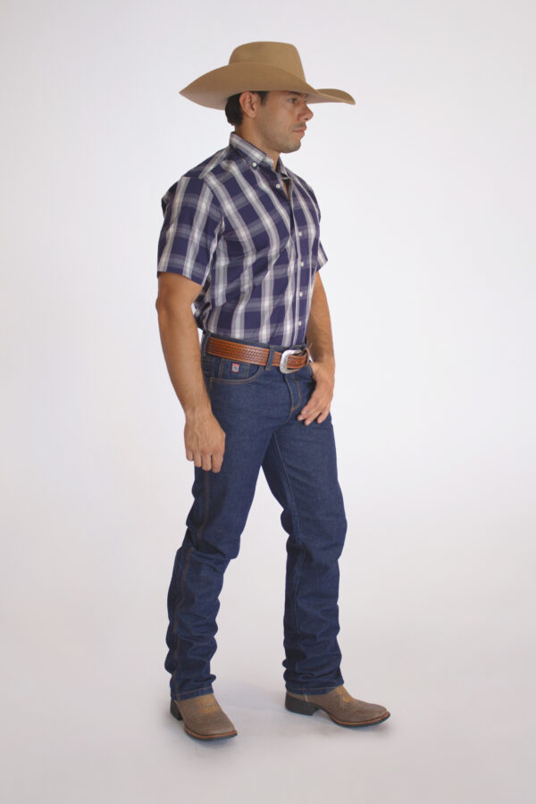 Camisa Masculina Country Manga Curta xadrez azul com faixas brancas - Image 3