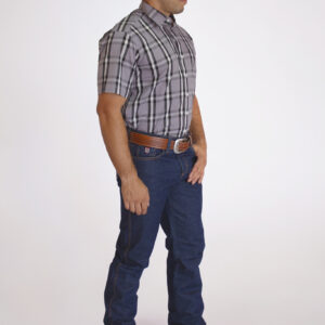 Camisa Masculina Country Manga Curta Xadrez cinza com faixas pretas e brancas