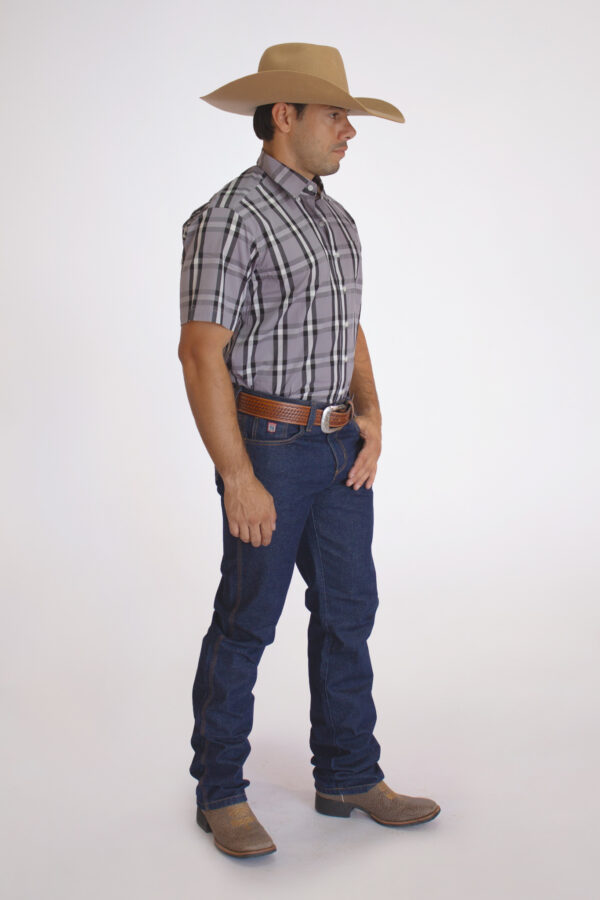 Camisa Masculina Country Manga Curta Xadrez cinza com faixas pretas e brancas - Image 2