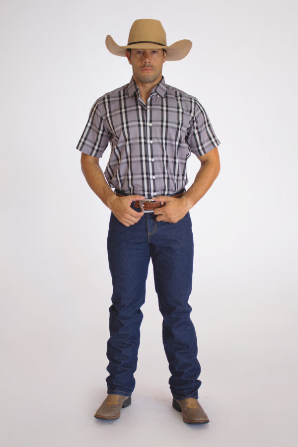 Camisa Masculina Country Manga Curta Xadrez cinza com faixas pretas e brancas