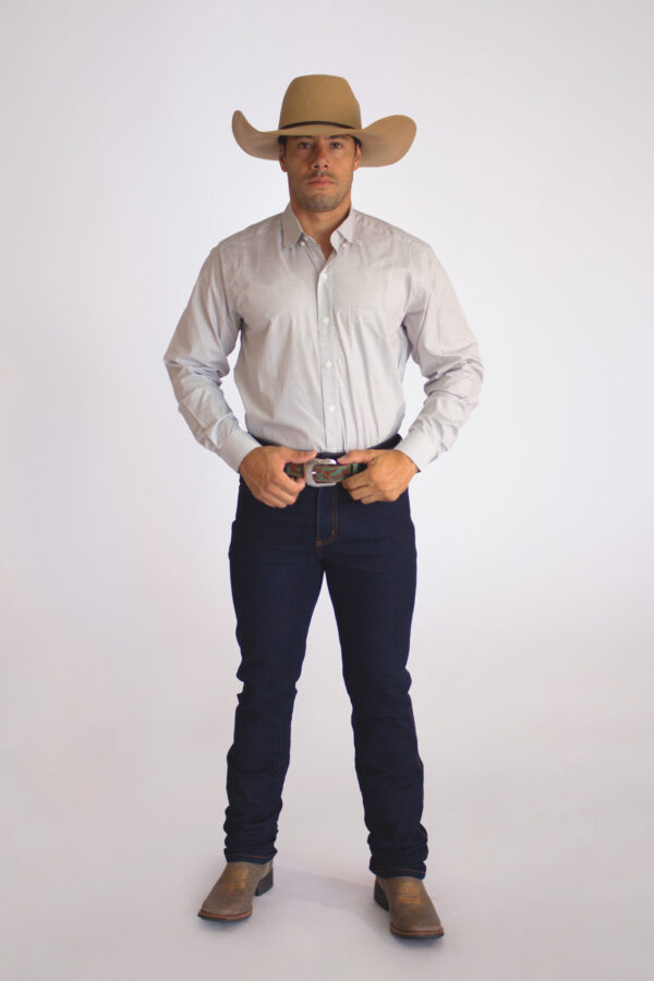 Camisa Masculina Country Manga Longa Xadrez branca com faixas cinza claro