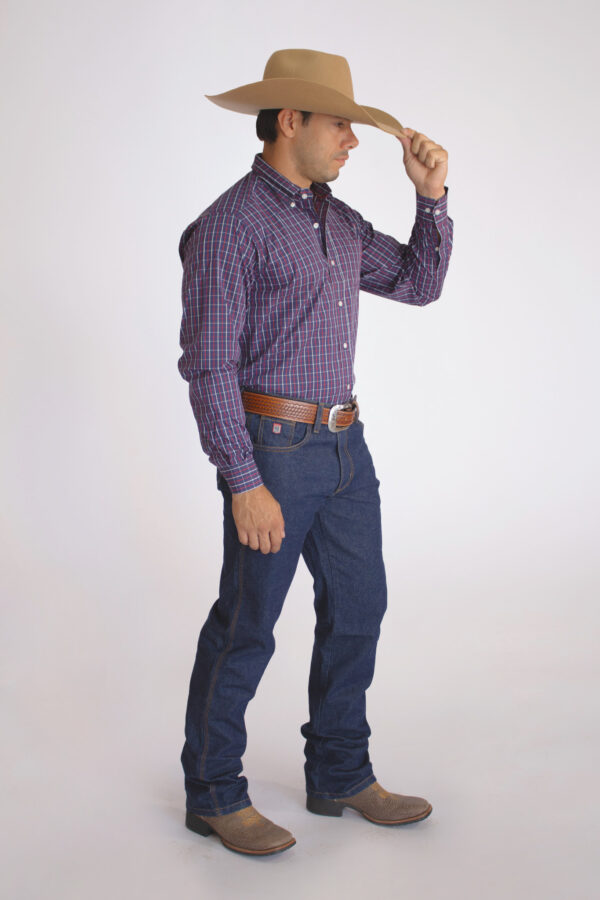 Camisa Masculina Country Manga Longa Xadrez azul com faixas brancas e vermelhas - Image 4