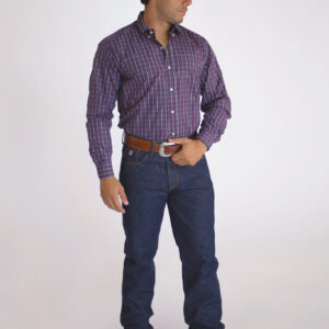 Camisa Masculina Country Manga Longa Xadrez azul com faixas brancas e vermelhas