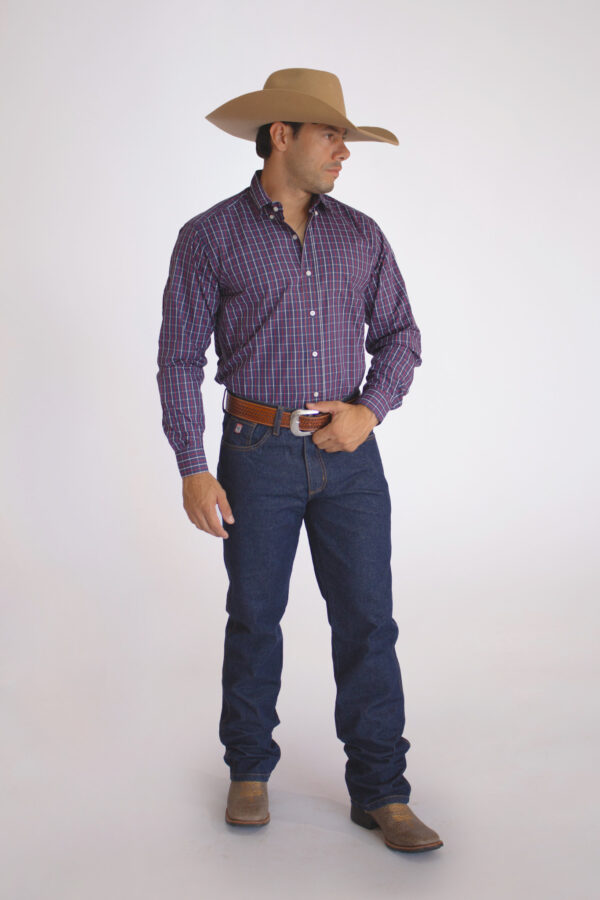 Camisa Masculina Country Manga Longa Xadrez azul com faixas brancas e vermelhas - Image 2