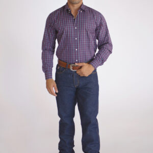 Camisa Masculina Country Manga Longa Xadrez azul com faixas brancas e vermelhas