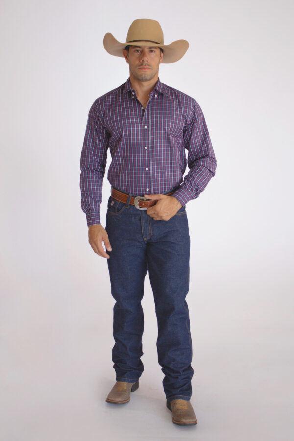 Camisa Masculina Country Manga Longa Xadrez azul com faixas brancas e vermelhas