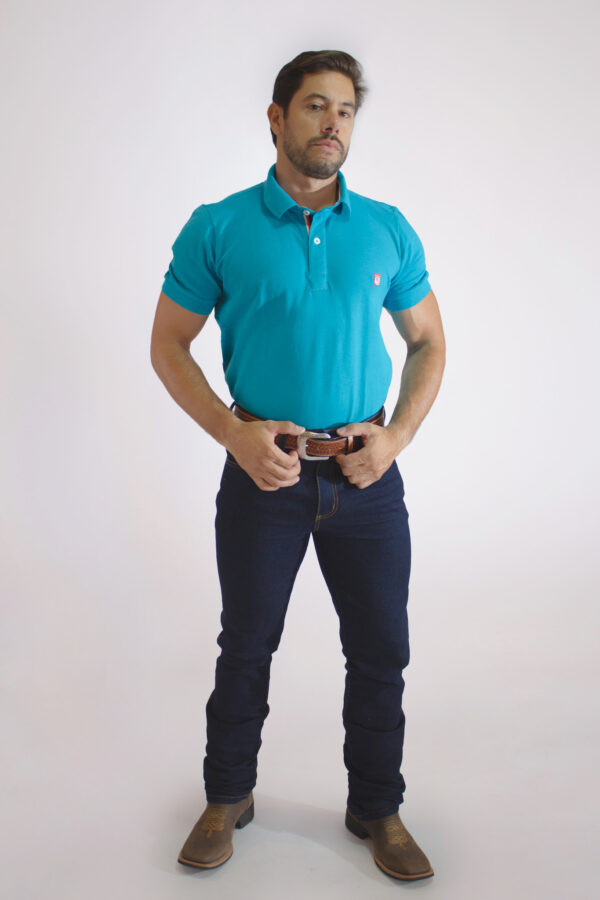 Camisa Gola Polo Masculina Clássica Azul Turquesa - Image 2